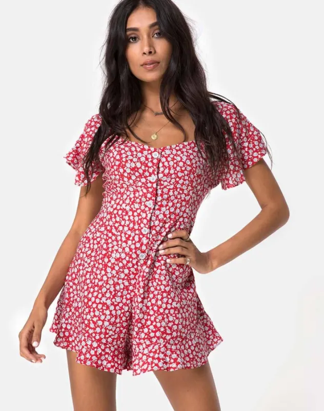 Bae Playsuit in Ditsy Rose Red and Silver sold by Motel Rocks