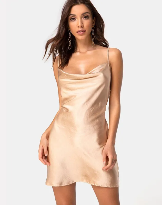 Paiva Dress in Satin Gold sold by Motel Rocks
