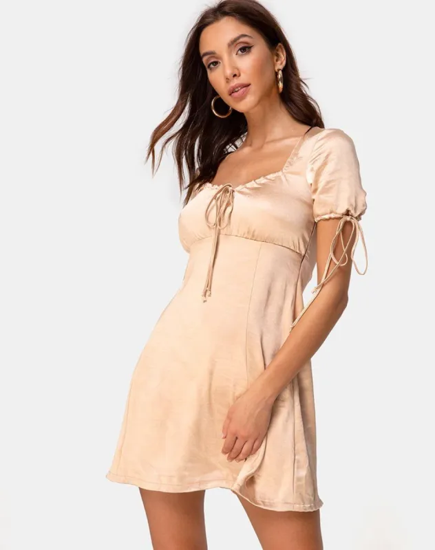 Guenette Dress in Satin Gold sold by Motel Rocks