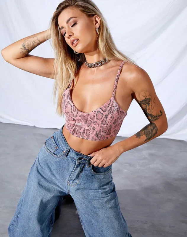 Dyla Crop Top in PU Snake Pink sold by Motel Rocks