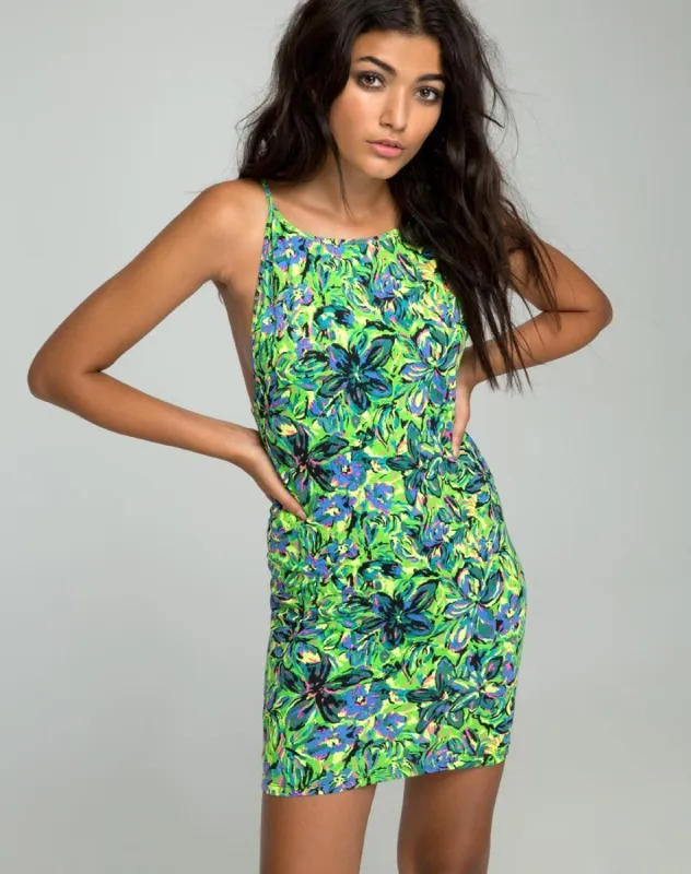 Canna Bodycon Dress in Fluro Flower Citrus sold by Motel Rocks