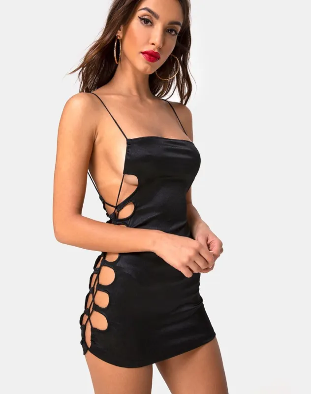 Laticia Mini Dress in Satin Black sold by Motel Rocks
