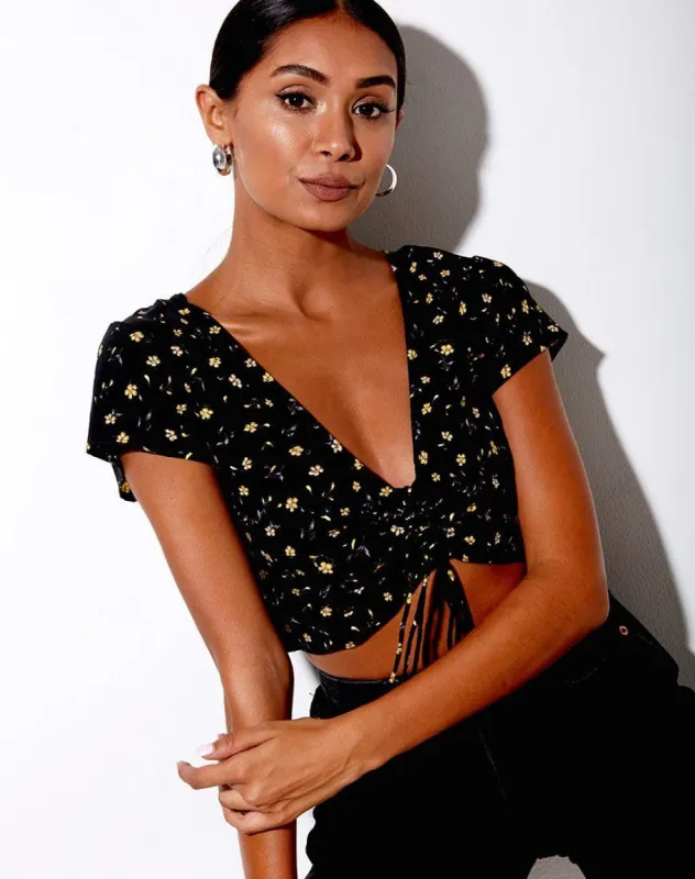 Raeto Crop Top in Pretty Petal Black sold by Motel Rocks