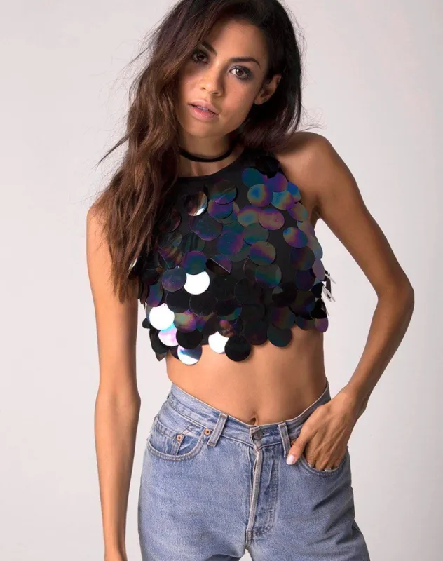 Queenz Crop Top in Big Disc Sequin Petrol sold by Motel Rocks