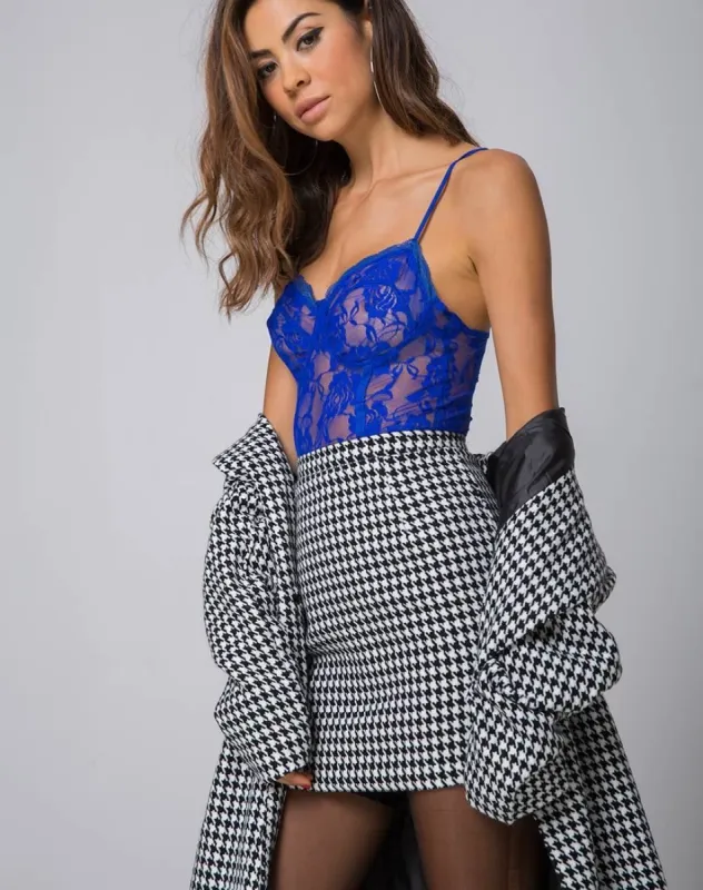 Topaz Mini Skirt in Houndstooth Check Black and White sold by Motel Rocks