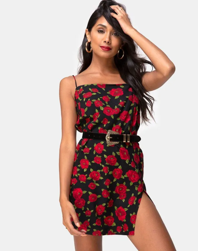 Datista Slip Dress in Roaming Rose Black sold by Motel Rocks