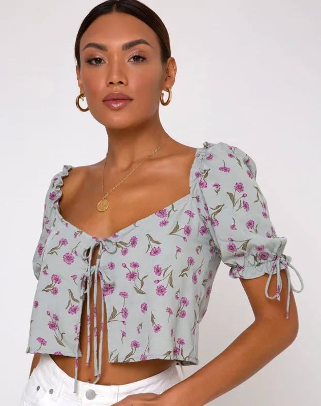 Fleur Top in Little Petal Dusky Blue sold by Motel Rocks