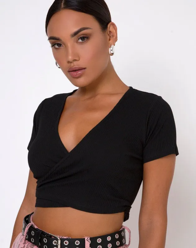 Bria Crop Top in Rib Black sold by Motel Rocks