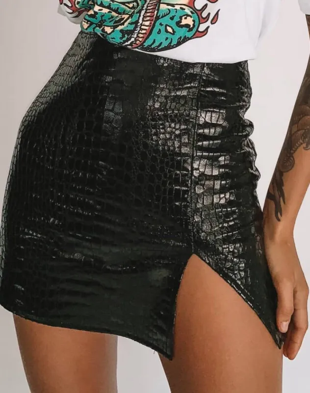 Wren Mini Skirt in PU Croco Black sold by Motel Rocks