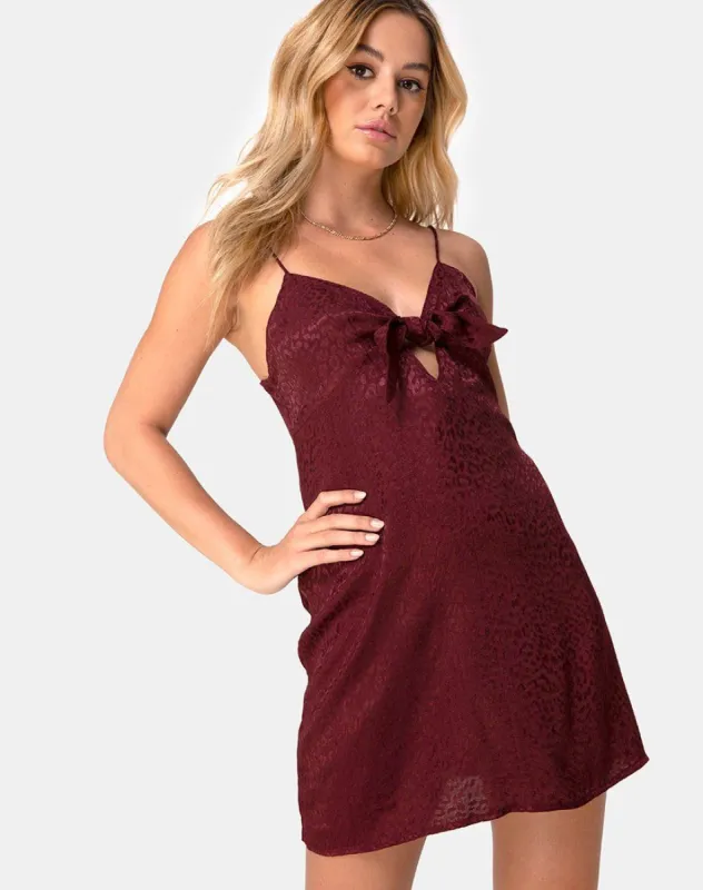 Ronina Dress in Satin Cheetah Burgundy sold by Motel Rocks