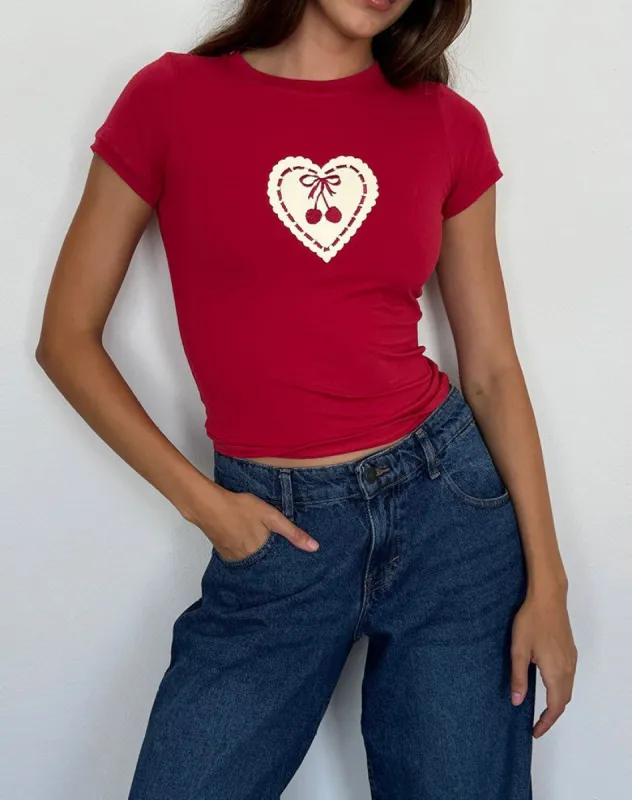 Sutin Baby Tee in Adrenaline Red with Embroidered Cherry Heart sold by Motel Rocks
