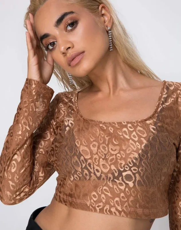 Bon Top in Leopard Sheen Net Caramel sold by Motel Rocks