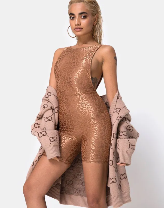 Acro Unitard in Leopard Sheen Net Caramel sold by Motel Rocks