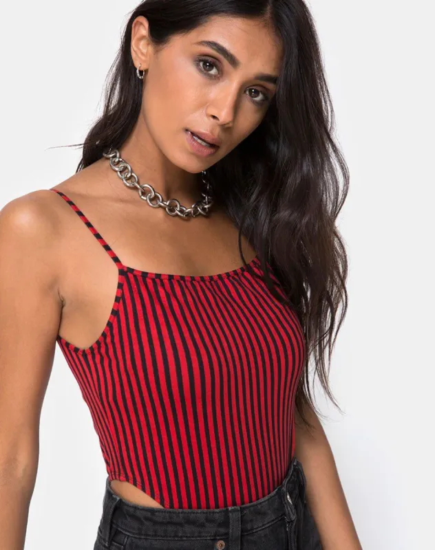 Solemo Bodice in Mini Stripe Red and Black sold by Motel Rocks
