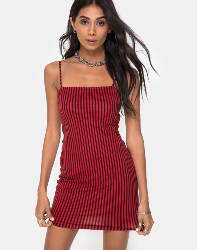 Selah Bodycon Dress in Mini Stripe Red and Black sold by Motel Rocks