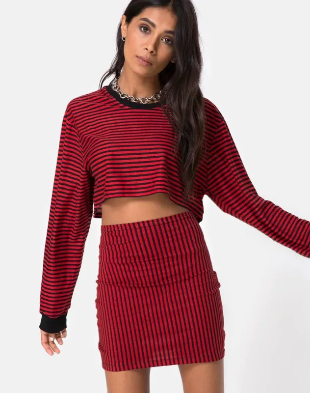 Kimmy Bodycon Skirt in Mini Stripe Red and Black sold by Motel Rocks