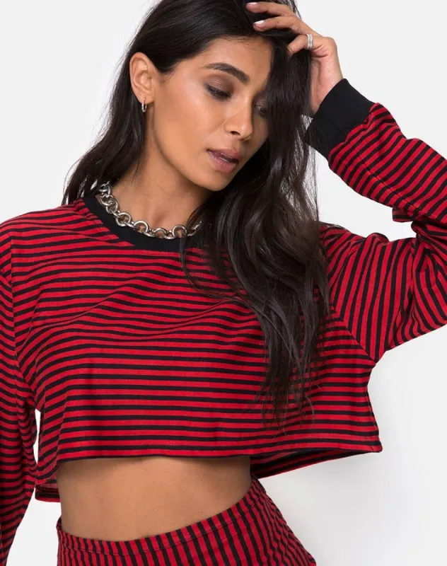 Goce Crop Top in Mini Stripe Red and Black sold by Motel Rocks