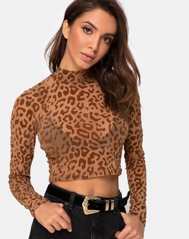 Lara Crop Top in Animal Flock Tan Brown sold by Motel Rocks