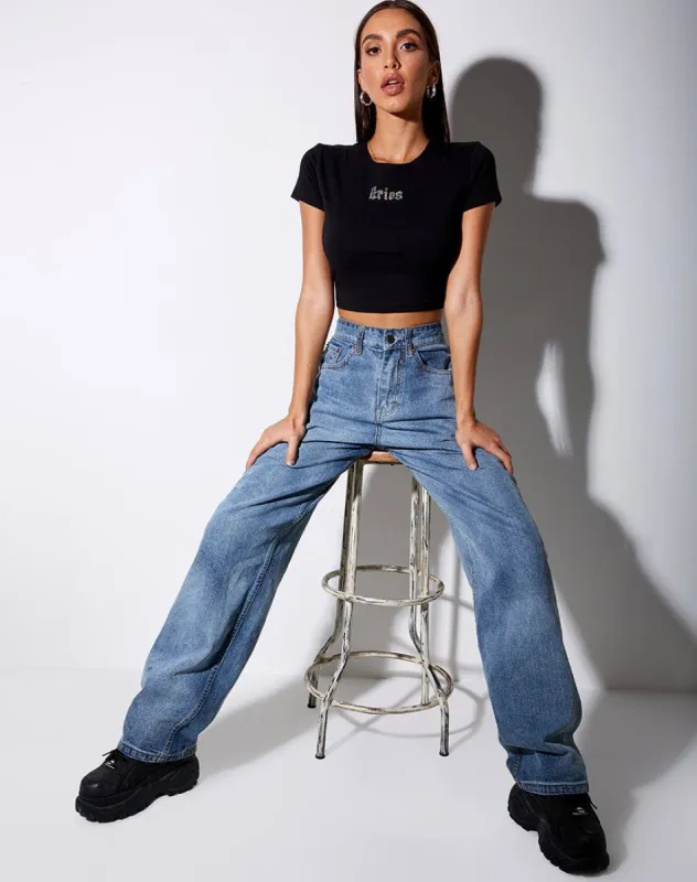Tiney Crop Tee in Black 'Aries' Diamante sold by Motel Rocks