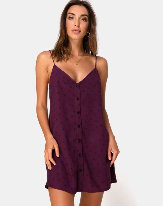 Sanna Slip Dress in Skater Polka Wine sold by Motel Rocks