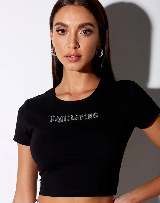 Tiney  Crop Tee in Black 'Sagittarius' Diamante sold by Motel Rocks
