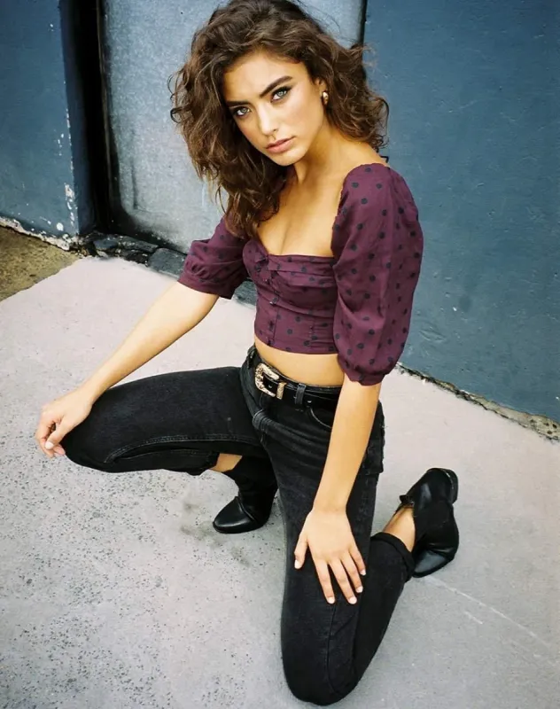 Flory Top in Skater Polka Wine sold by Motel Rocks