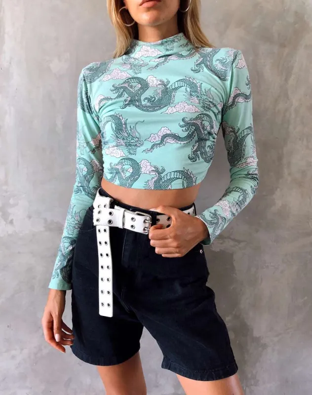 Quelia Crop Top in Chinese Dragon Neo Mint sold by Motel Rocks