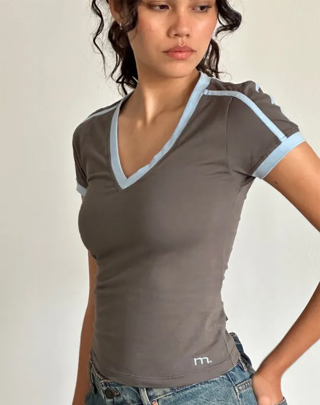 Izolde Baby Tee in Cloudburst with Nantucket Blue Binding and M Embroidery sold by Motel Rocks