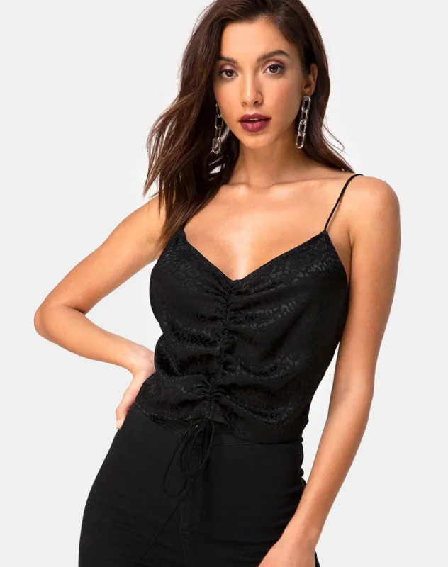 Praha Top in Satin Cheetah Black sold by Motel Rocks