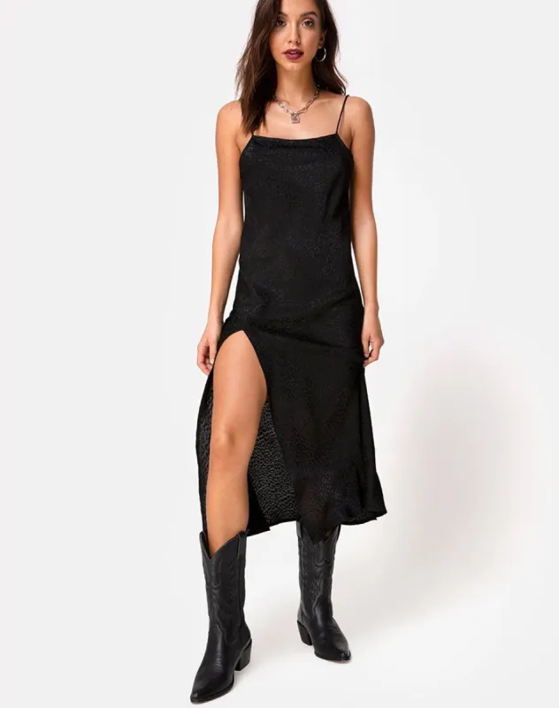 Quinty Midi Dress in Satin Cheetah Black sold by Motel Rocks