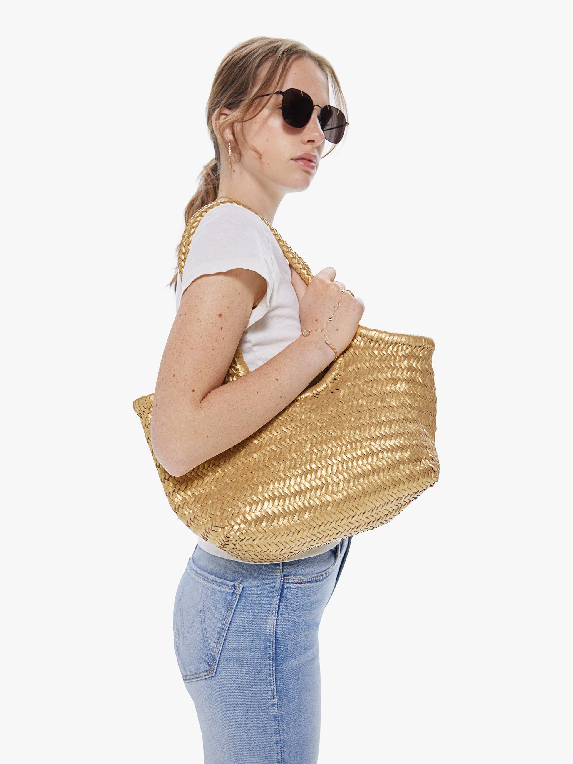 Basket Case Metallic Kerala Medium Leather Tote - Gold sold by MOTHER product image thumbnail 2