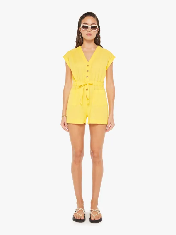 The Long Story Short Romper - Primrose Yellow sold by MOTHER