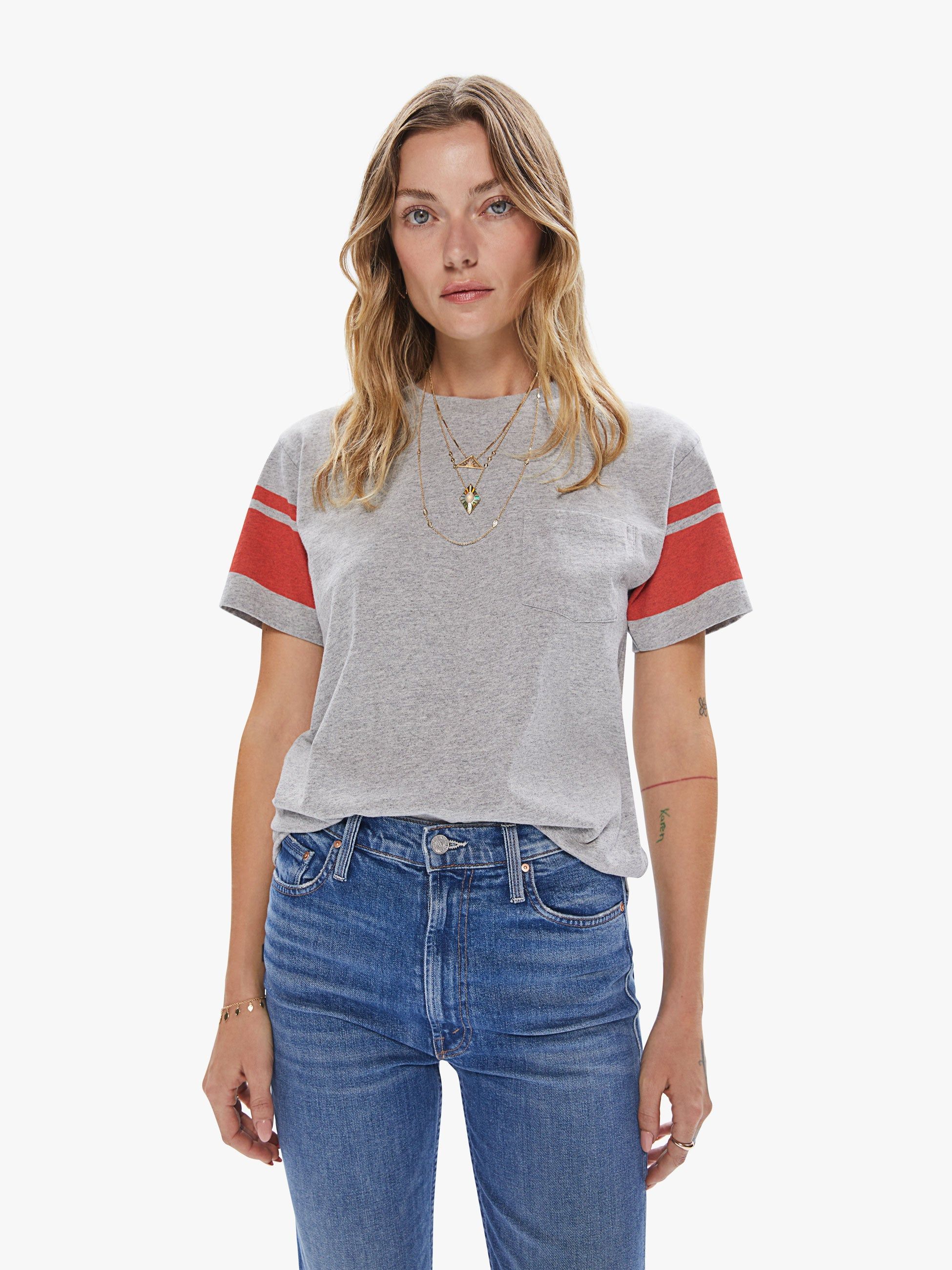 Velva Sheen College Arm Stripe Tee - Heather Grey/Red sold by MOTHER product image thumbnail 2