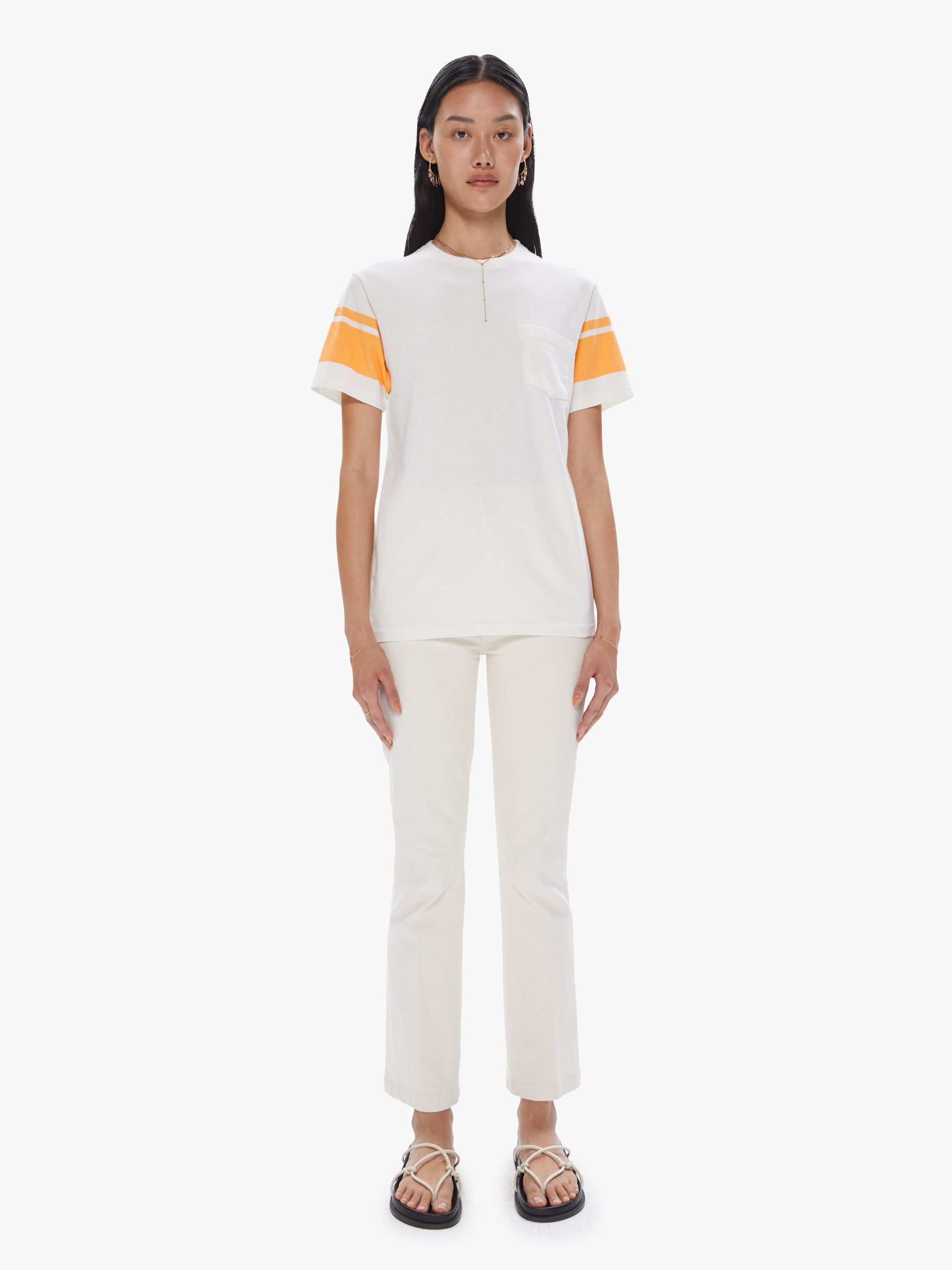 Velva Sheen College Arm Stripe Tee - White/Orange sold by MOTHER product image thumbnail 5