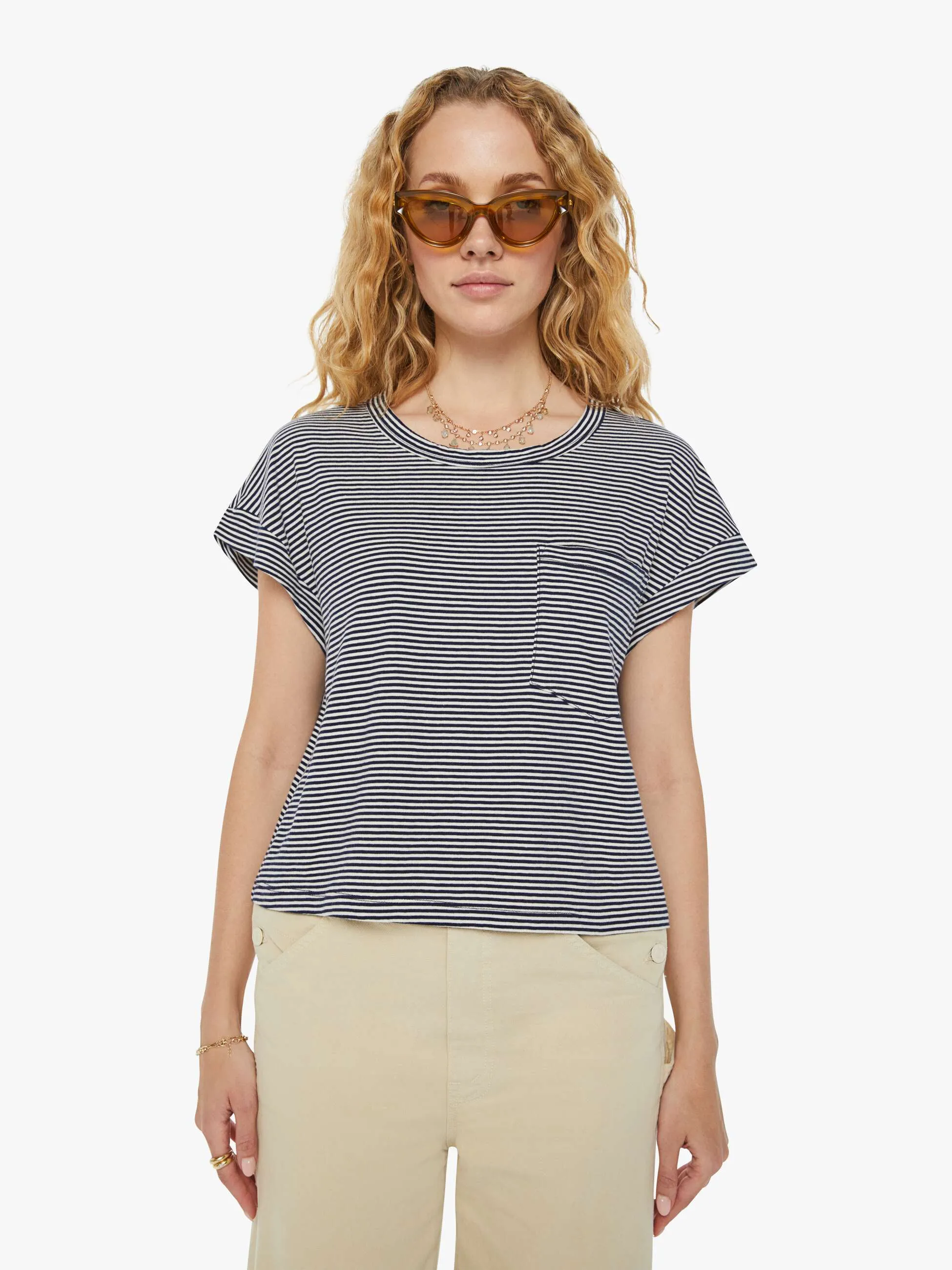 The Keep On Rolling Pocket Tee - Cream And Navy Stripe sold by MOTHER product image thumbnail 2
