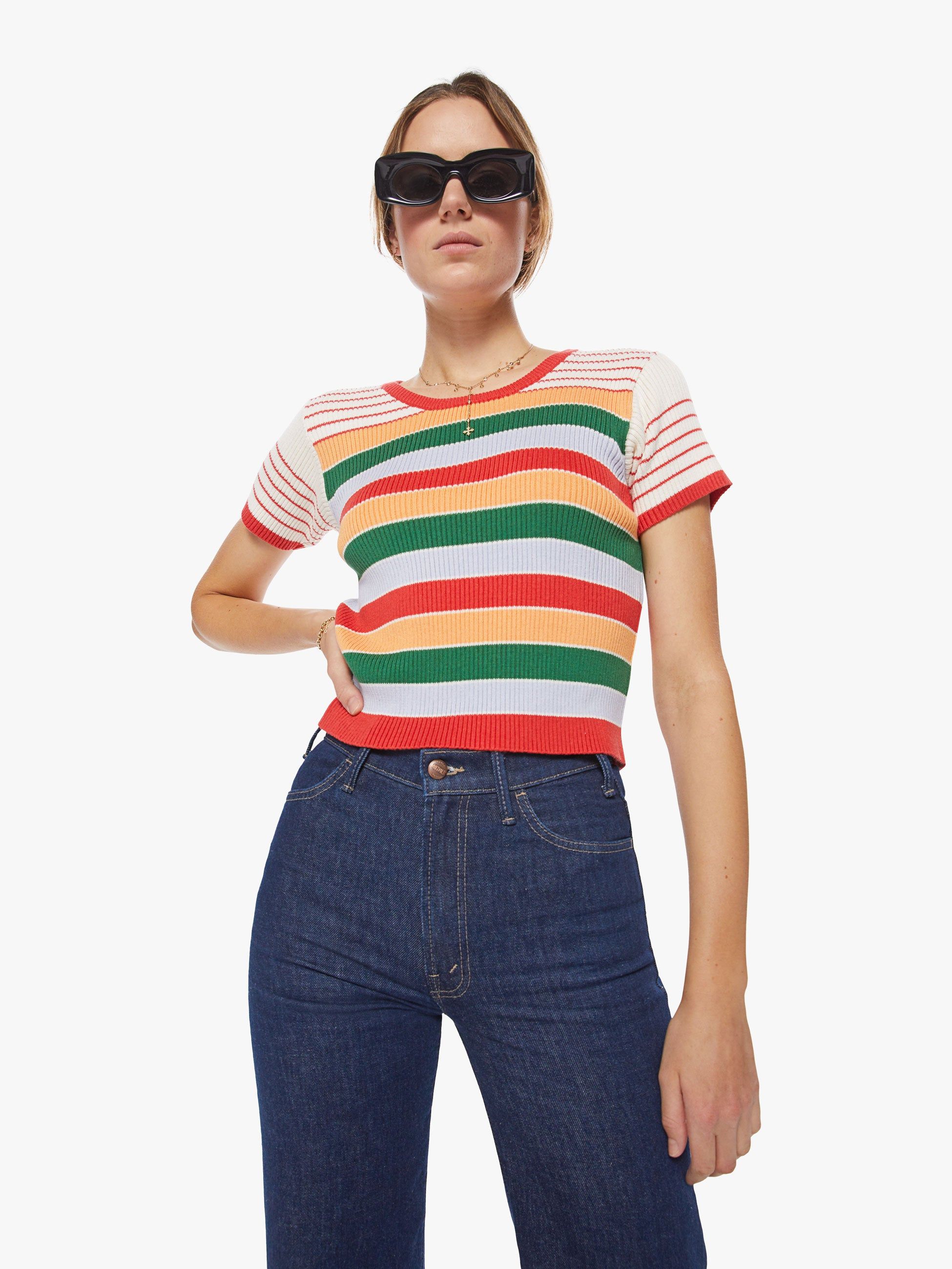 The Itty Bitty Scoop Neck Tee - Rainbow Multi Stripe sold by MOTHER