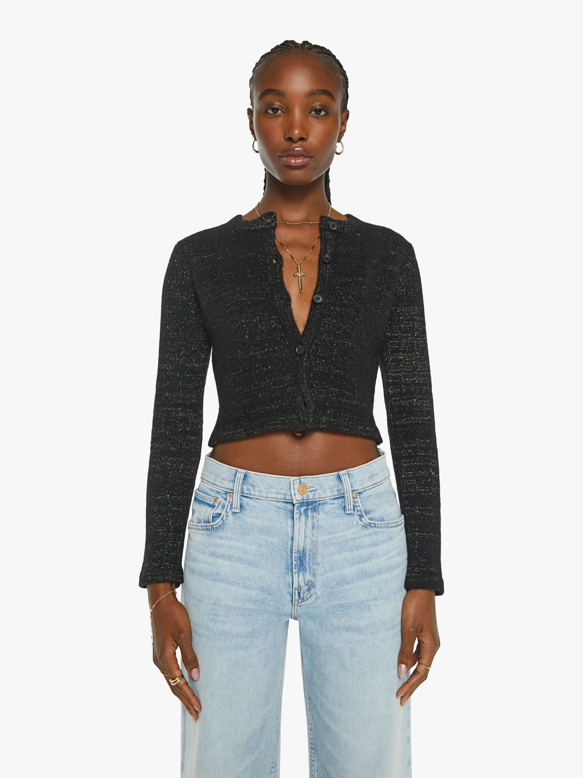 SPRWMN Shrunken Raglan Cardigan - Black Gold sold by MOTHER