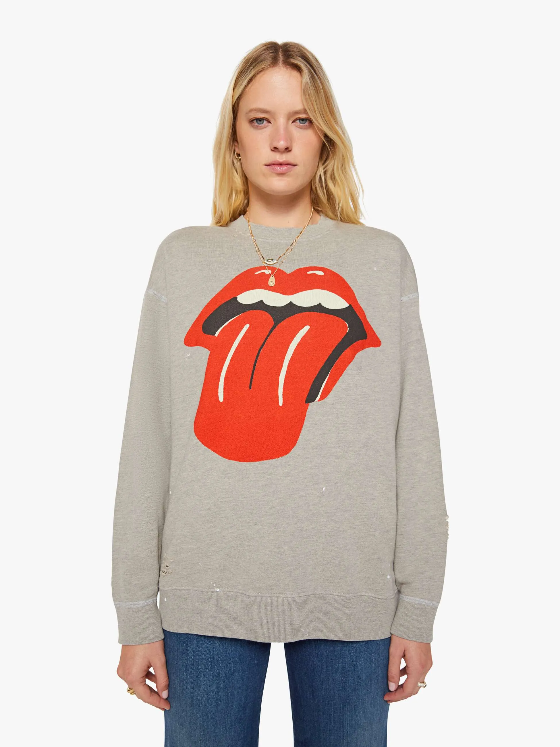 MadeWorn Rolling Stones Destroyed Sweatshirt - Heather Grey sold by MOTHER