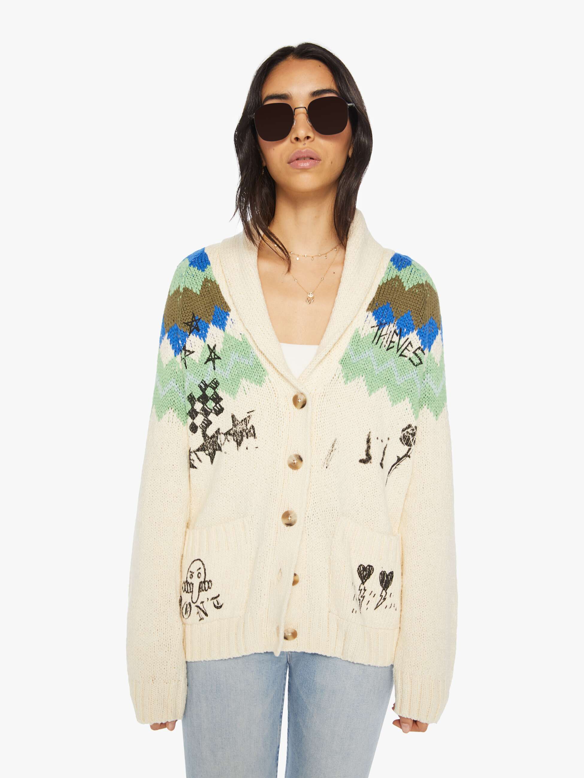 The Shawl Collar Cardigan - Graffiti Country sold by MOTHER