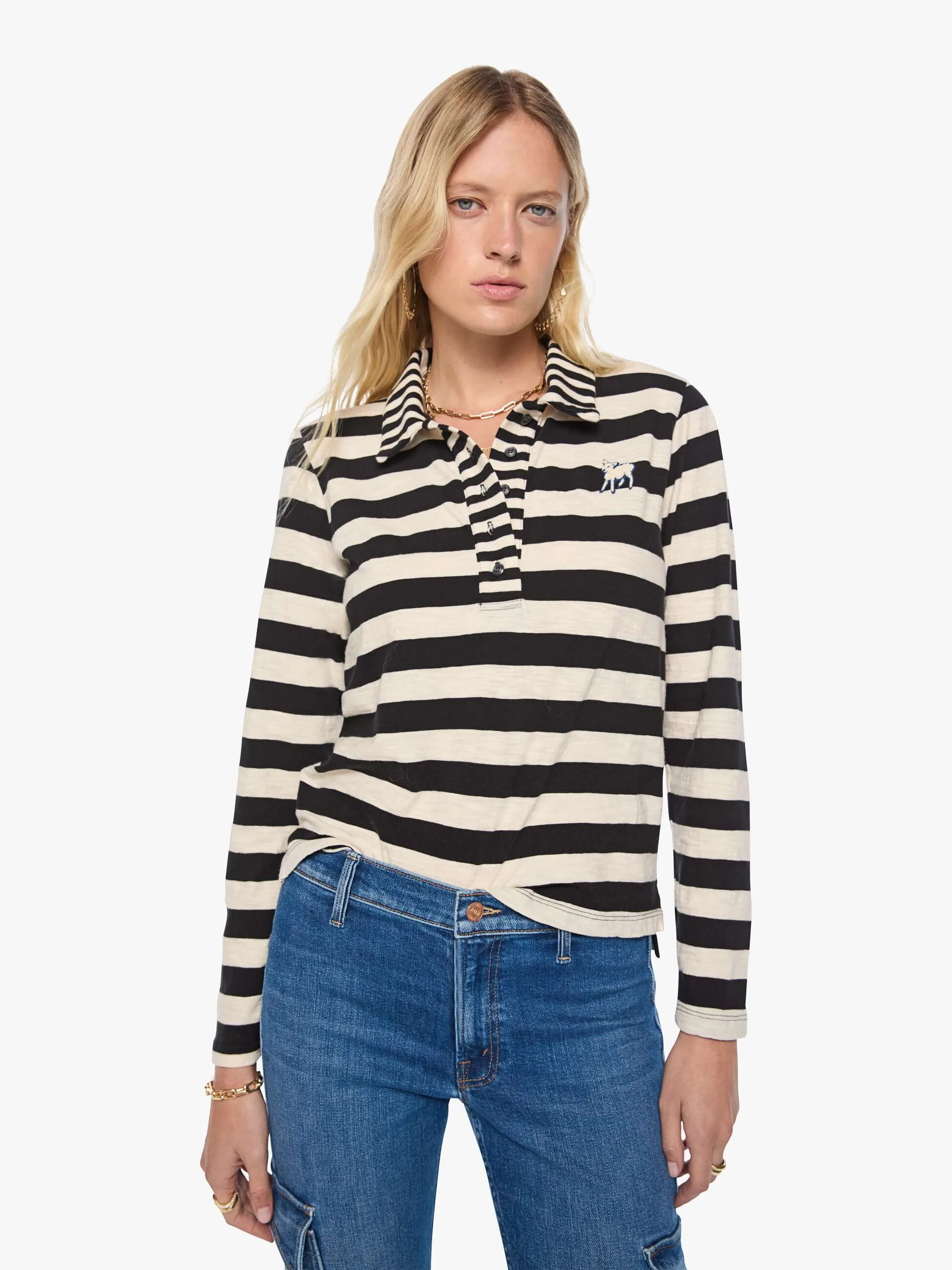 The L/S Close Cut Huddle - Black And Cream Stripe sold by MOTHER