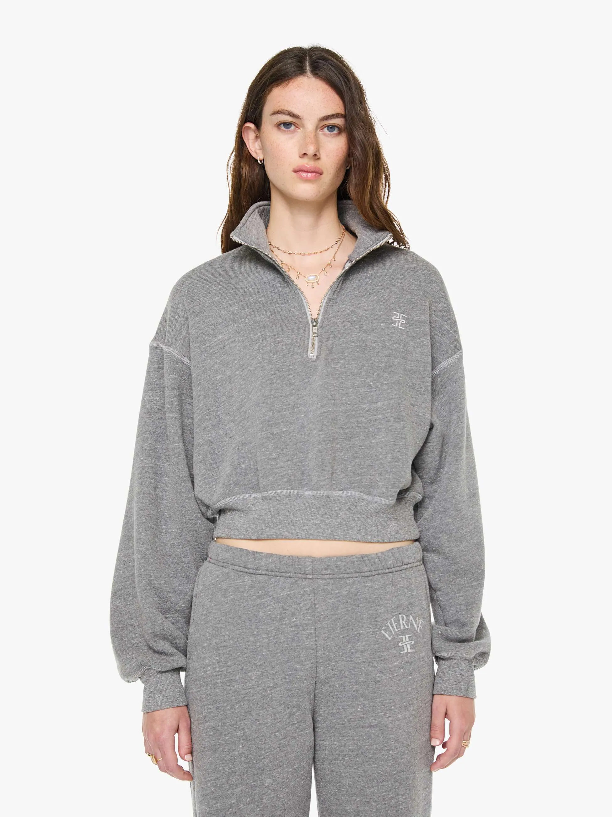 Eterne Cropped Half-Zip Sweatshirt - Dark Heather Grey sold by MOTHER