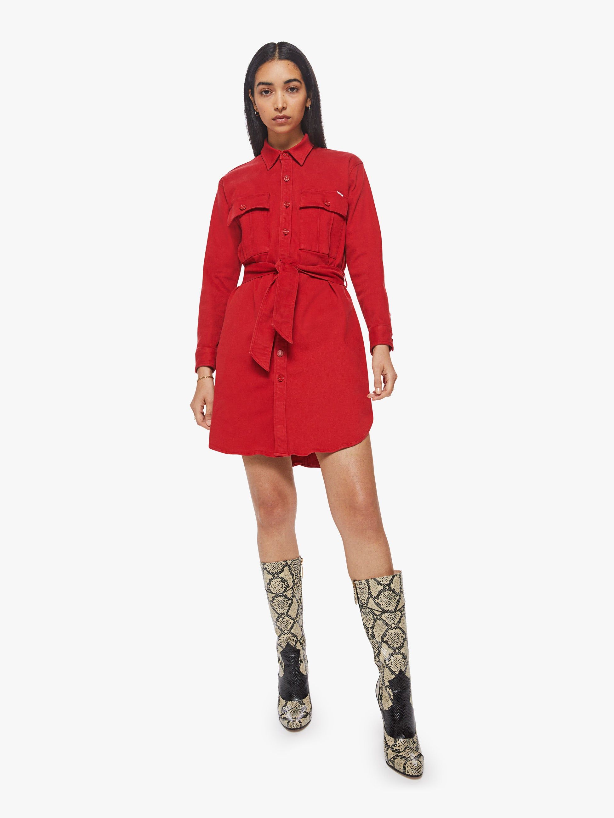 The Cadet Mini Shirt Dress - Haute Red sold by MOTHER
