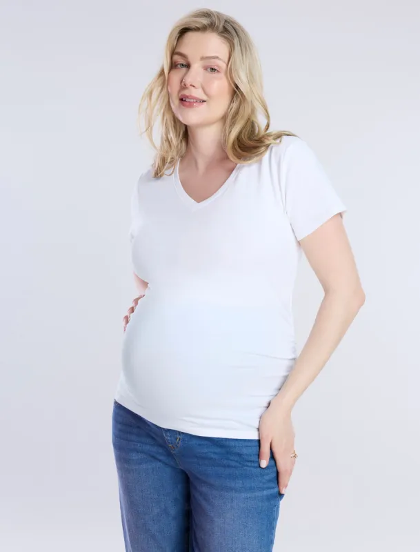 Side Ruched Short Sleeve V-Neck  Maternity Tee sold by Motherhood Maternity