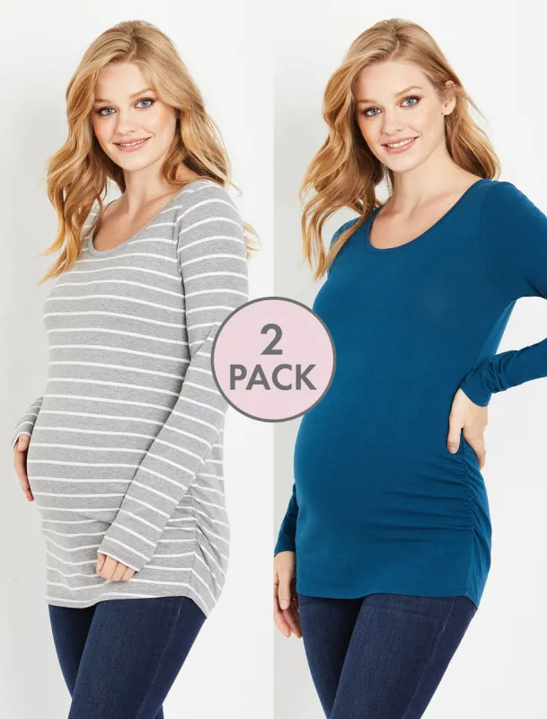 BumpStart Long Sleeve Maternity T-shirt (2 Pack)- Teal/Grey Stripe sold by Motherhood Maternity