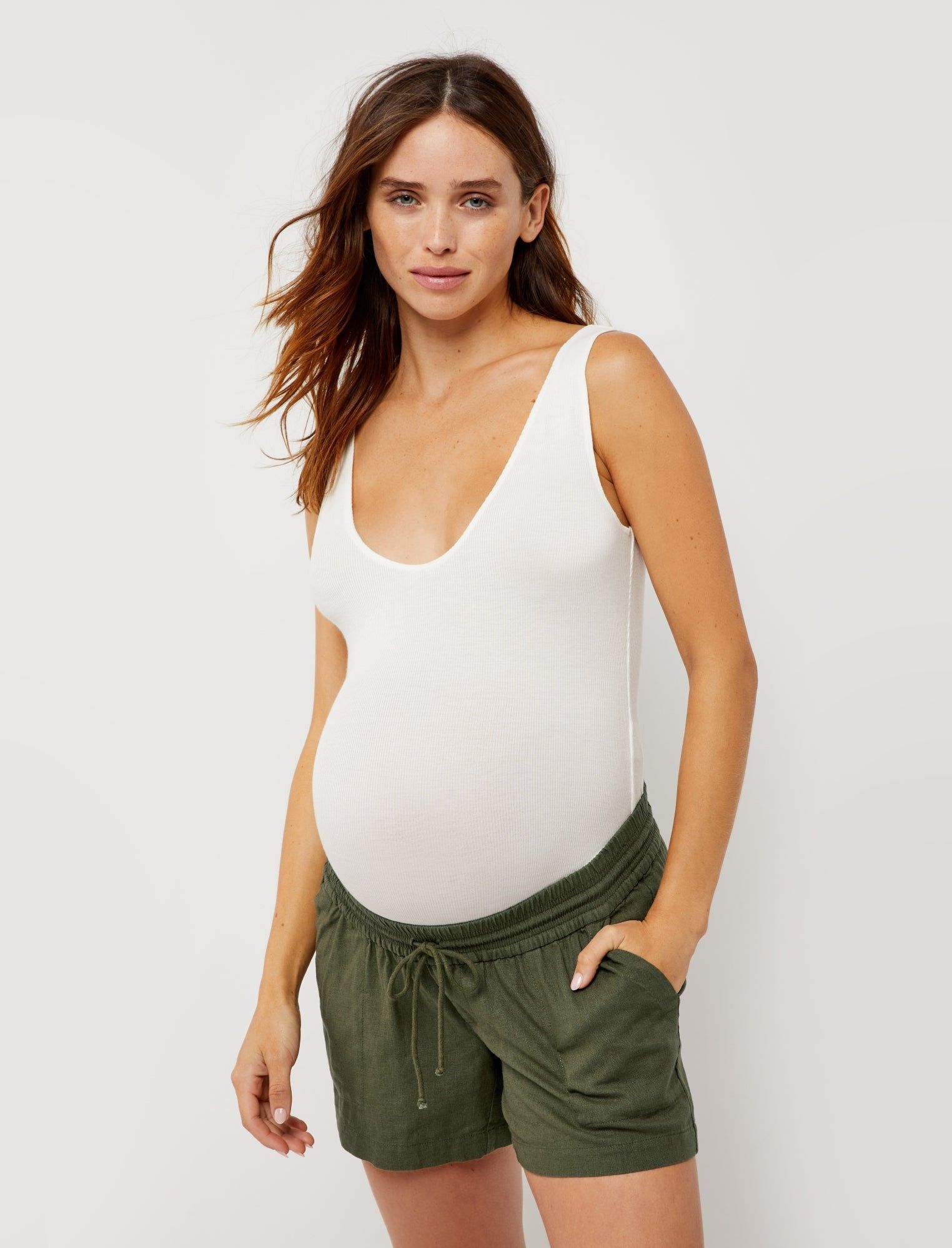 Under Belly Linen Maternity Shorts sold by Motherhood Maternity