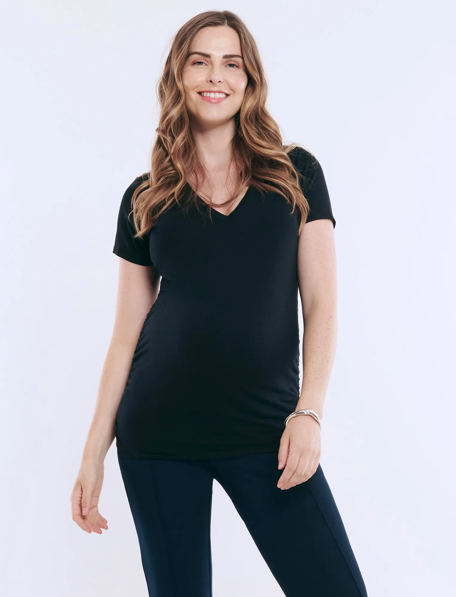 Side Ruched Short Sleeve V-Neck Maternity Tee sold by Motherhood Maternity