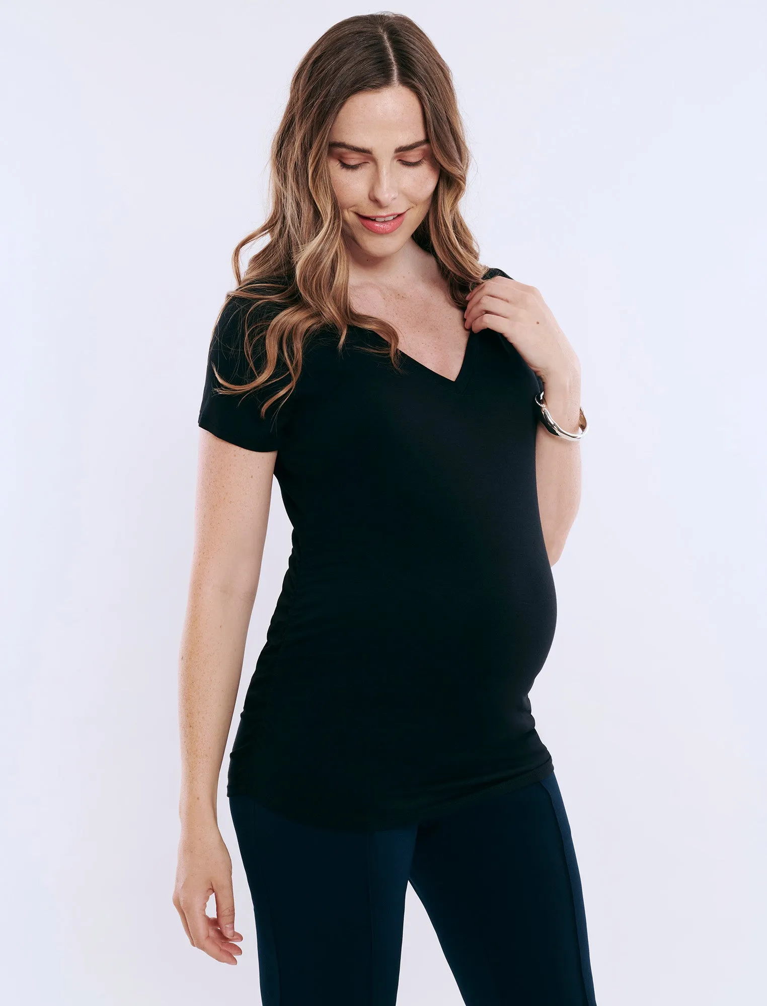 Side Ruched Short Sleeve V-Neck Maternity Tee sold by Motherhood Maternity product image thumbnail 4