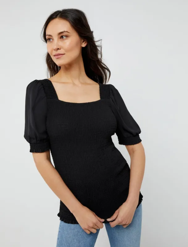 Smocked Bodice Puff Sleeve Woven Maternity Top sold by Motherhood Maternity