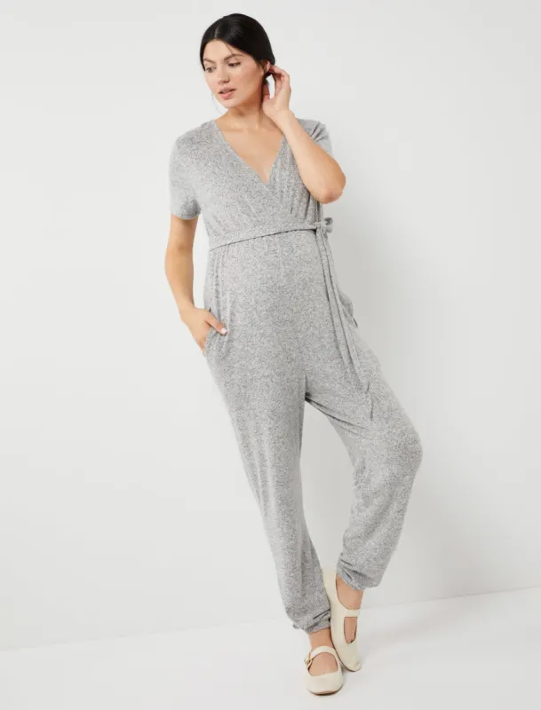 Reversible Short Sleeve Hacci Knit Super Soft Maternity Jumpsuit sold by Motherhood Maternity