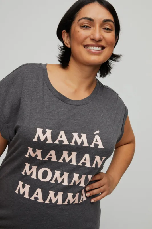 Plus Size Mama Languages Maternity Graphic Tee sold by Motherhood Maternity